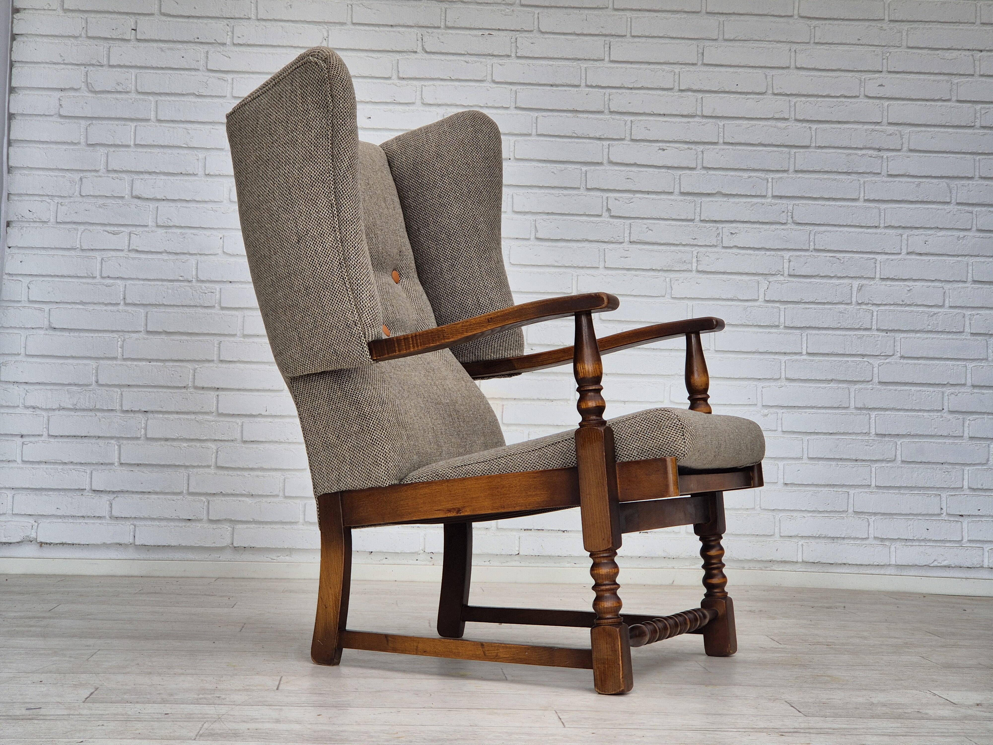 1960s, Scandinavian design, reupholstered high-back armchair, furniture wool, oak wood.