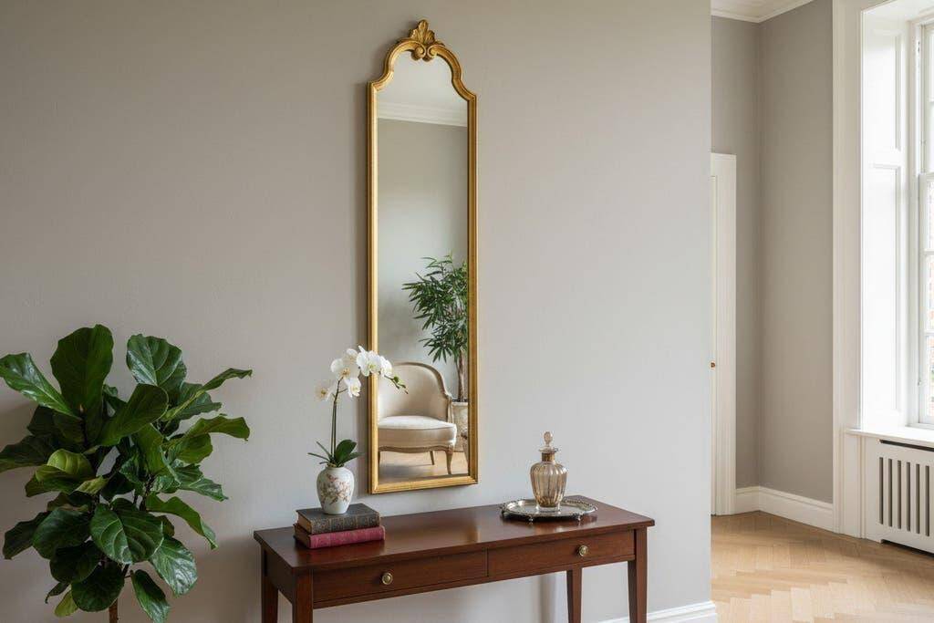 Narrow and tall antique mirror, adorned with golden patterns.