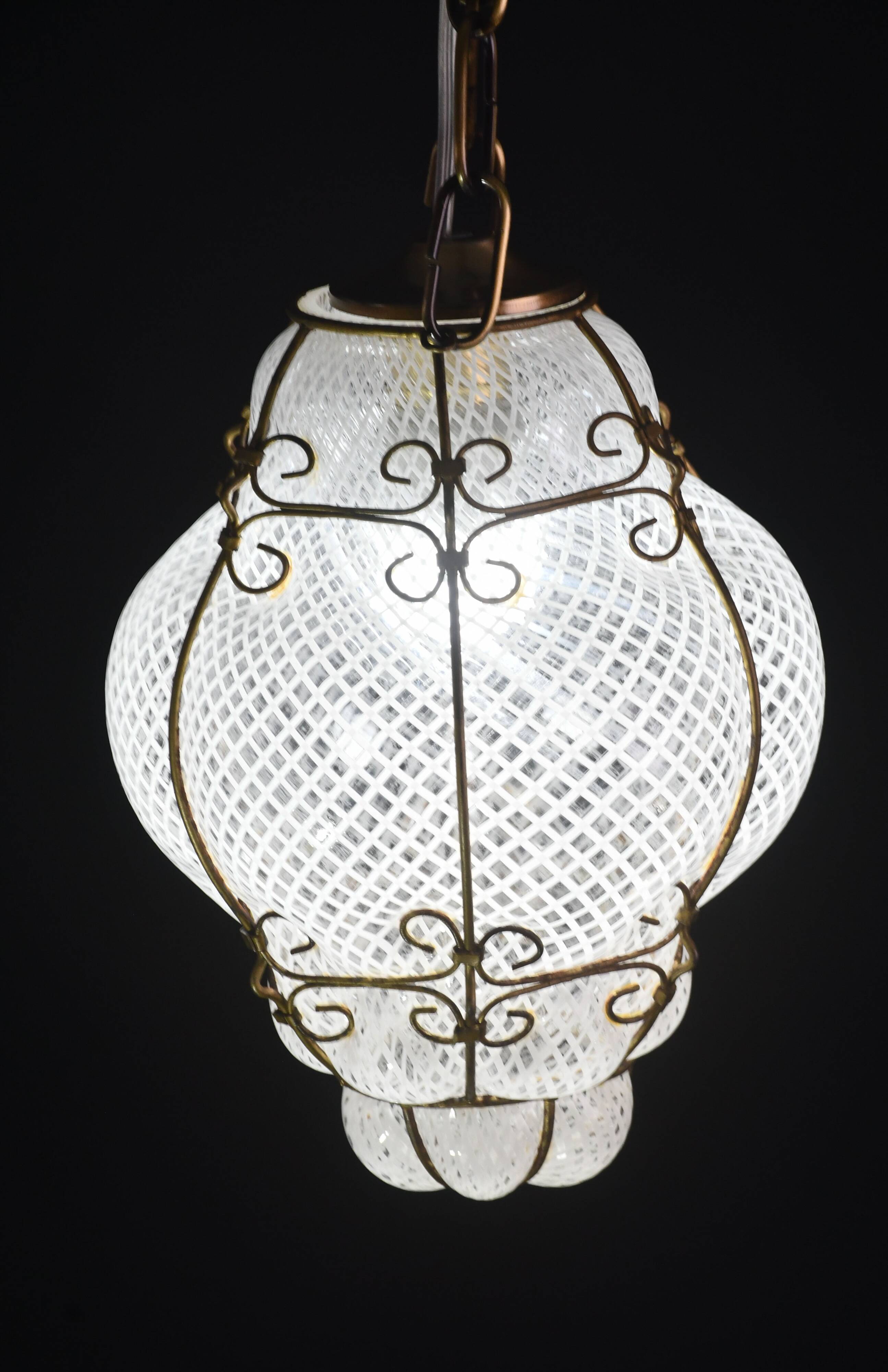 Venini Amazing Venetian Lantern in Murano Reticello Glass, 1950s