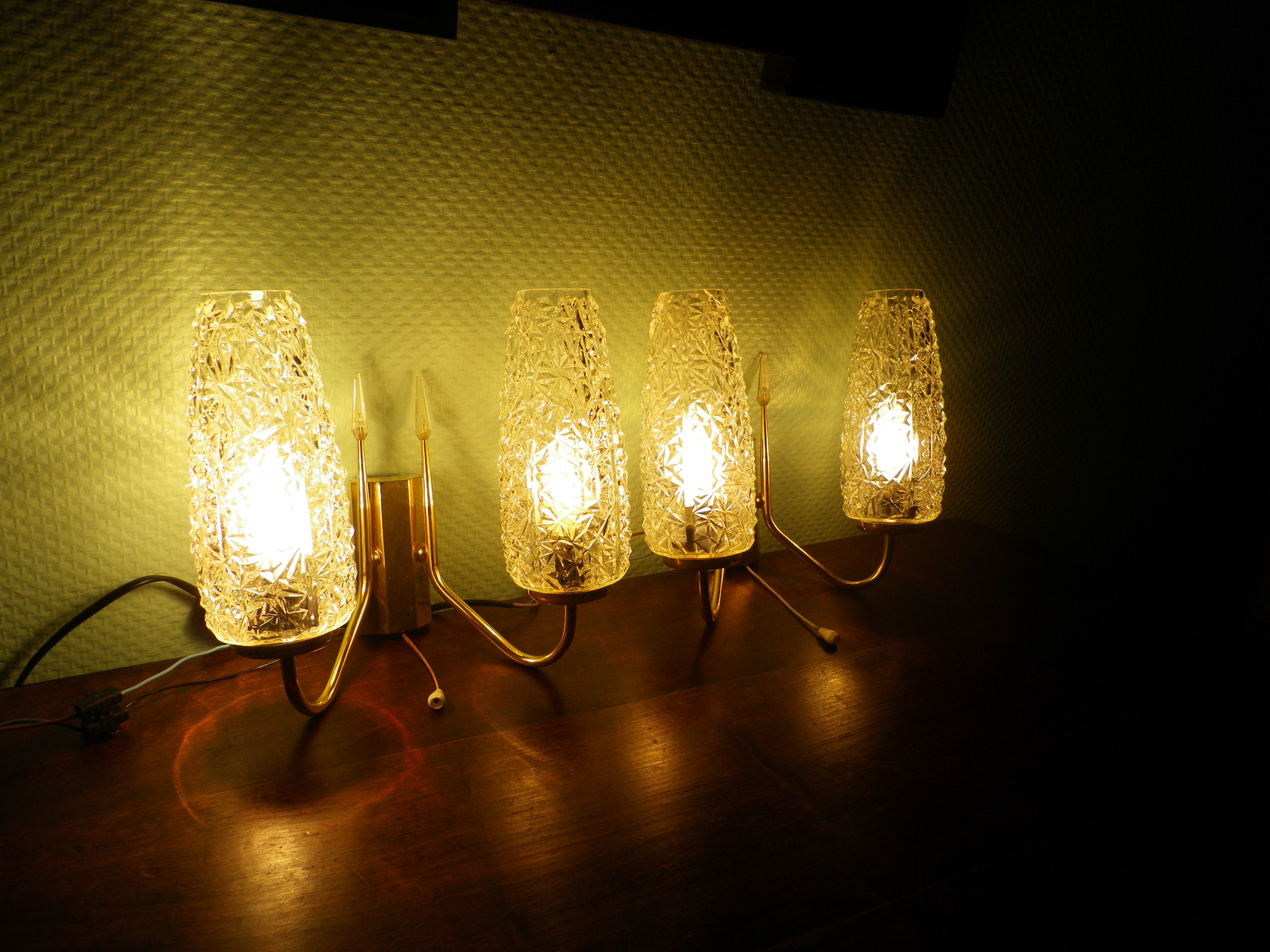 Wall lamps double lighting, with drawer, gilded metal, lampshade in worked glass - 1970