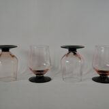 Set of 4 glasses with pink stems and black stems art deco 1930s