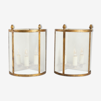 Pair of corner lanterns, 3 golden iron lights from 1950, domed glass