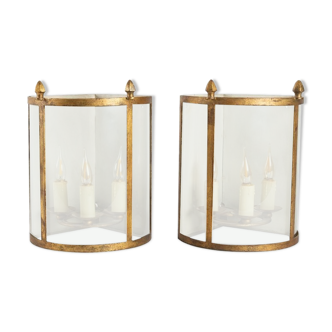 Pair of corner lanterns, 3 golden iron lights from 1950, domed glass