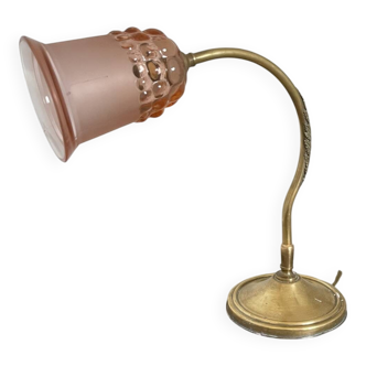 Antique Art Deco Swan Neck Table Lamp with Pink Glass Shade, France, 30cm