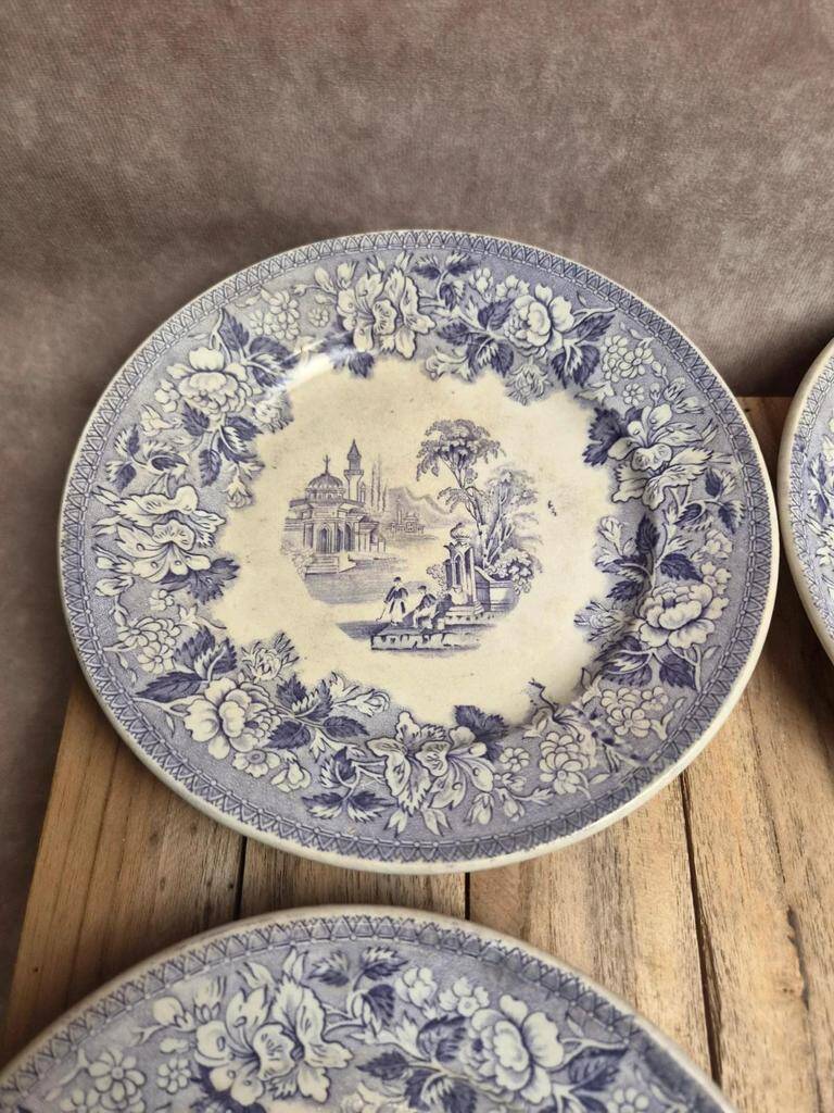 Set of 8 antique English dessert plates by J. Marshall & Co Bosphorus purple earthenware 19th century.
