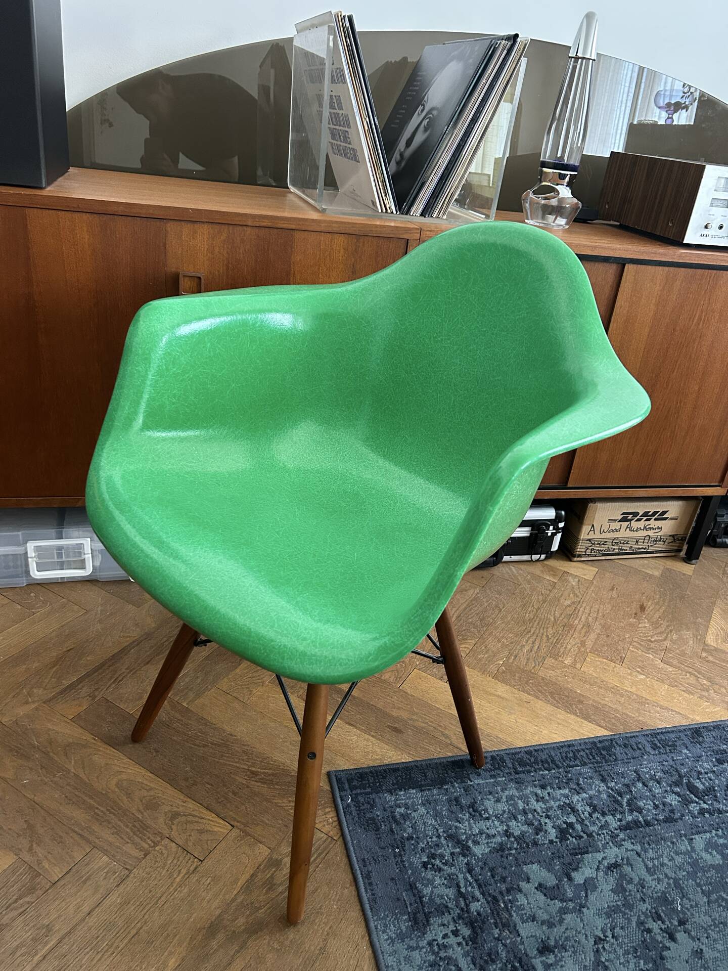 Ray and Charles Eames Fibreglass Arm Shell Dowel Chair Green