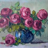 Tableau HSP "Bouquet de roses rouges" vers 1950 signé Sautereau