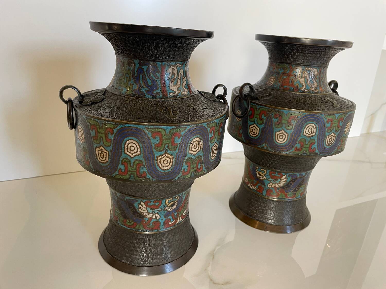 Pair of antique cloisonné bronze vases, China or Japan circa 1900-1930.