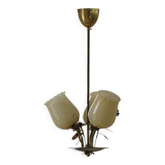 Mid-century glass and brass chandelier, model 501-3 by Stockmann, Finland, 1940s.