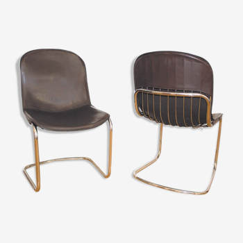 Gastone Rinaldi dining chairs covered with original cow leather, set of two, Italy, 1960s