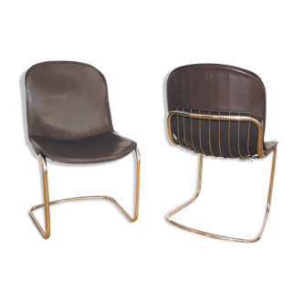 Gastone Rinaldi dining chairs covered with original cow leather, set of two, Italy, 1960s