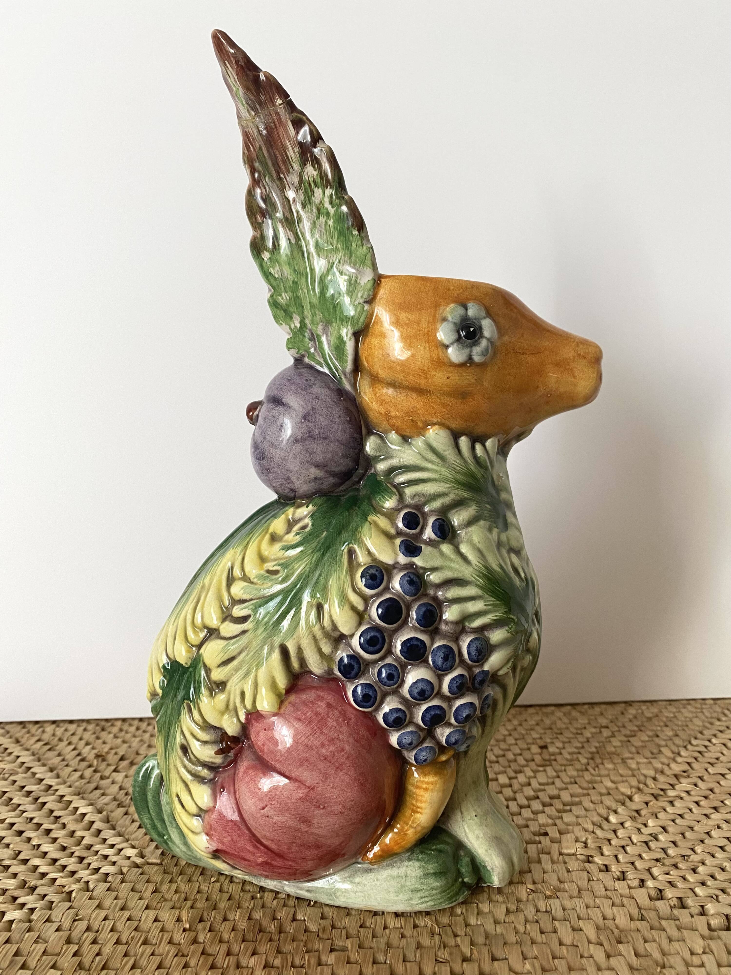 Italian barbotine pitcher Rabbit and fruits