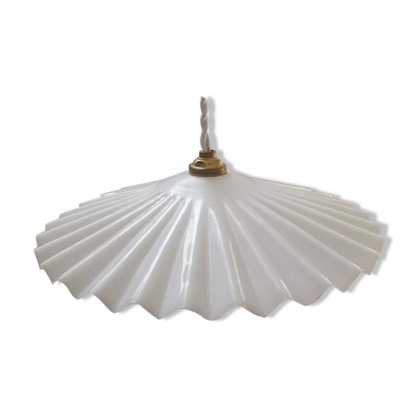 Suspension ancienne abat jour opaline blanche dentelée/ondulée Art déco 1930 TBE Ø 26 cm