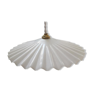 Suspension ancienne abat jour opaline blanche dentelée/ondulée Art déco 1930 TBE Ø 26 cm