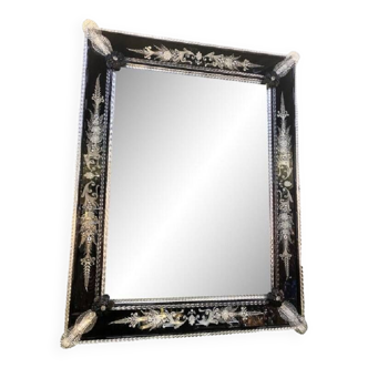 21st Century Venetian Black Floreal Hand-Carving Wall Mirror in Murano Glass