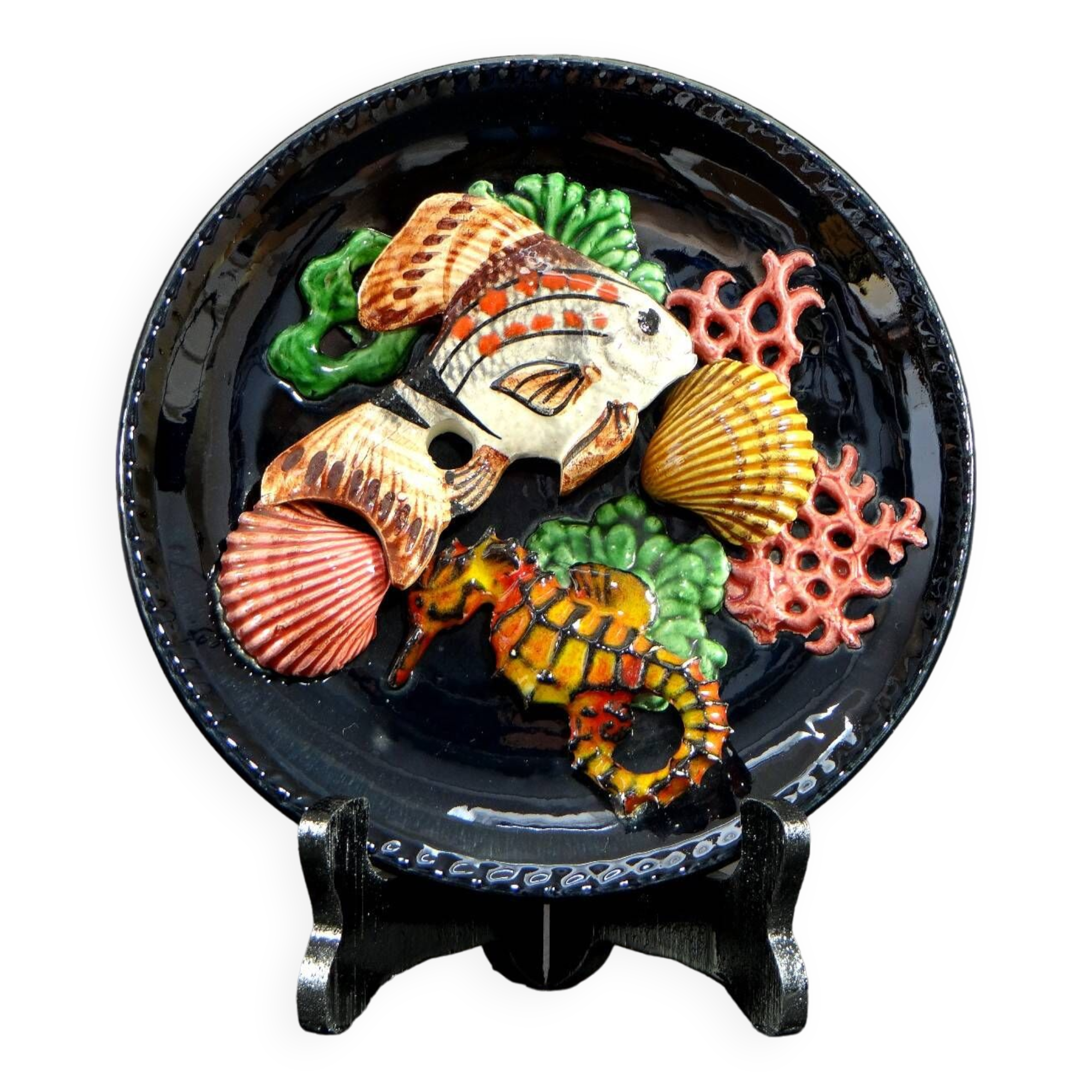 Vallauris, 1950s, Earthenware Plate Decorated With A Fish, A Seahorse And Corals.