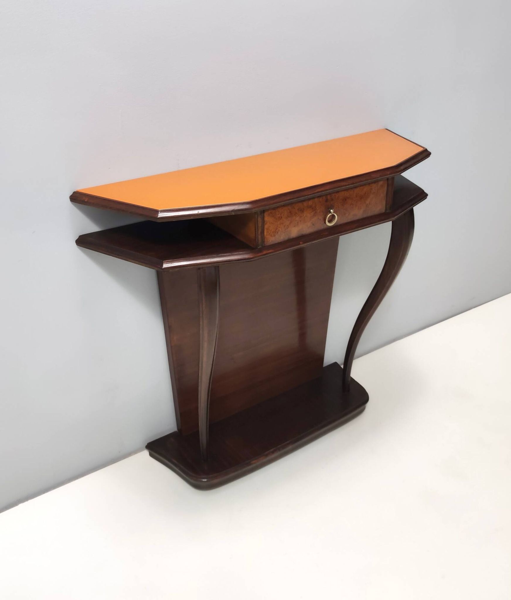 Beech and Walnut Root Console Table with an Orange Glass Top, Italy