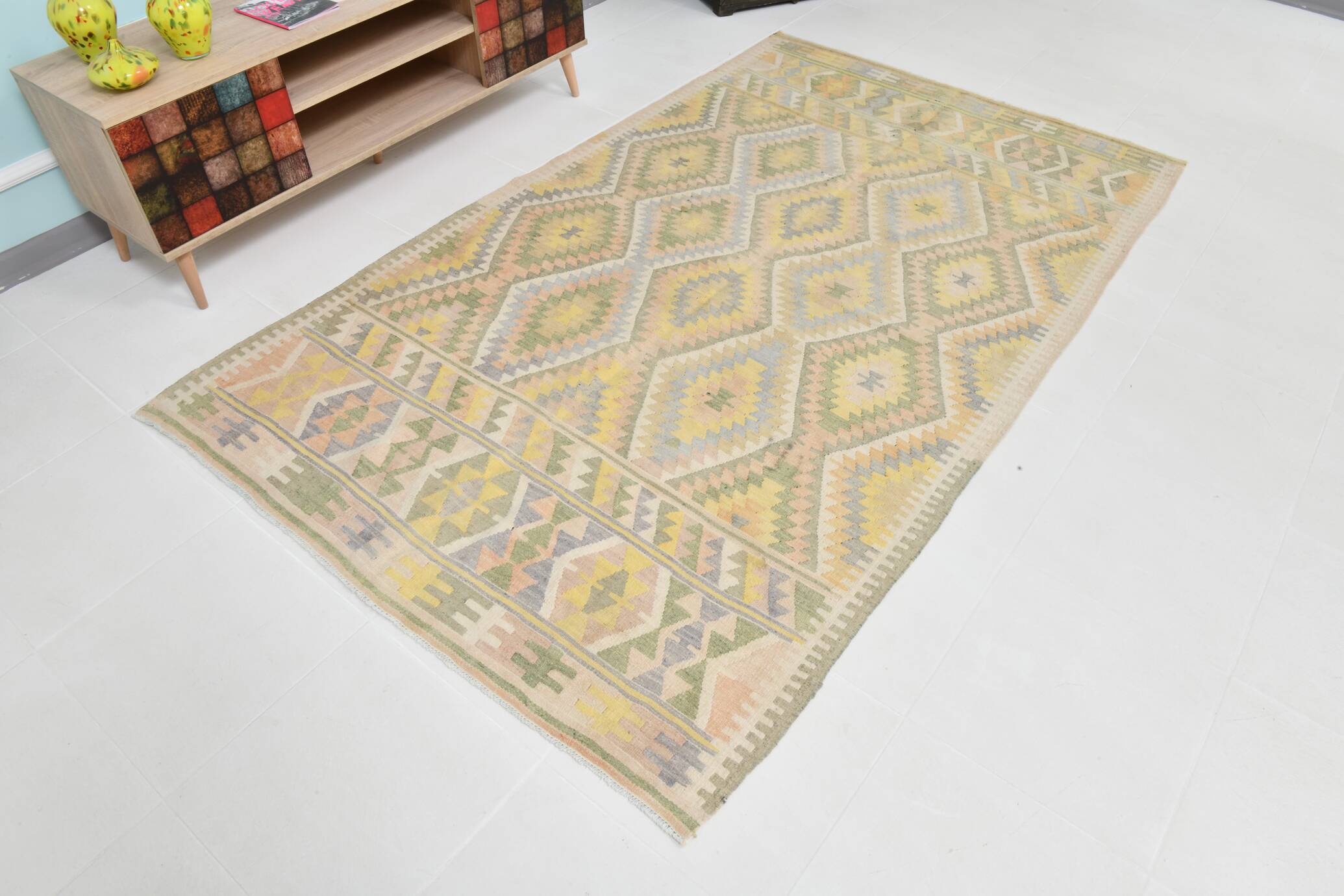 Tapis Kilim Vintage Laine Fait Main, Bohème, Motifs Géométriques, 149X247Cm