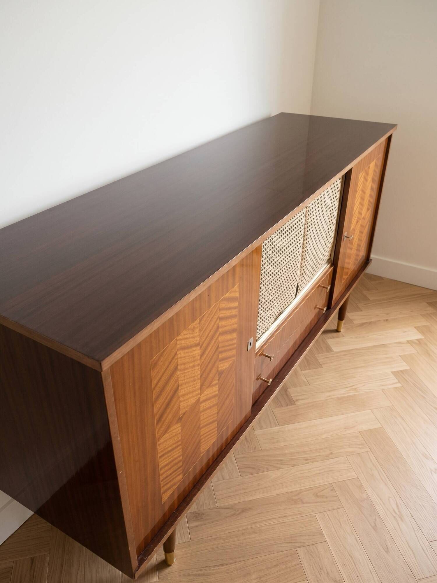 Vintage Scandinavian wooden buffet with marquetry.