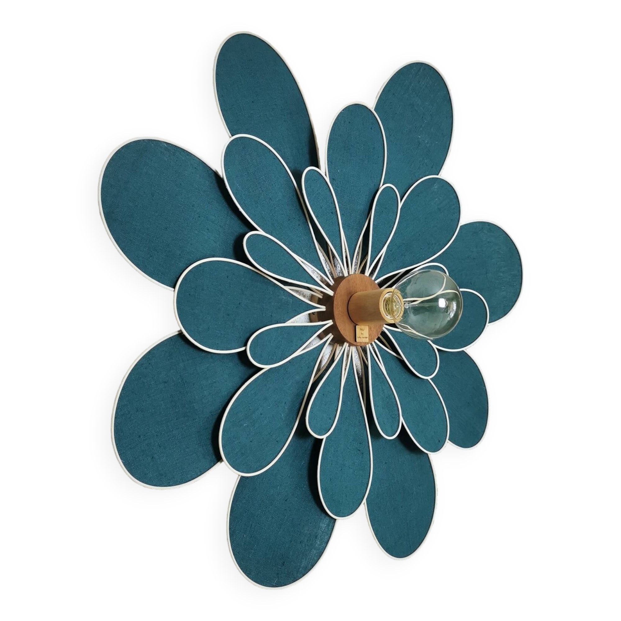 Peacock blue rattan and linen 24 petal flower wall light