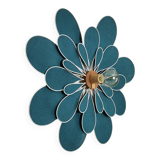 Peacock blue rattan and linen 24 petal flower wall light