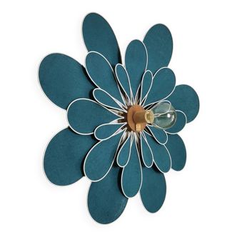Peacock blue rattan and linen 24 petal flower wall light