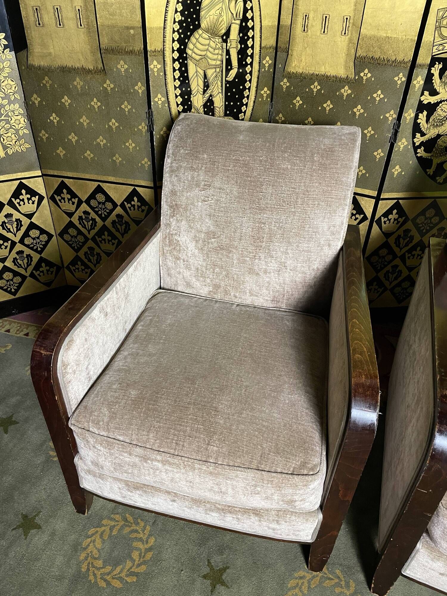 Pair of Art Deco armchairs in taupe velvet