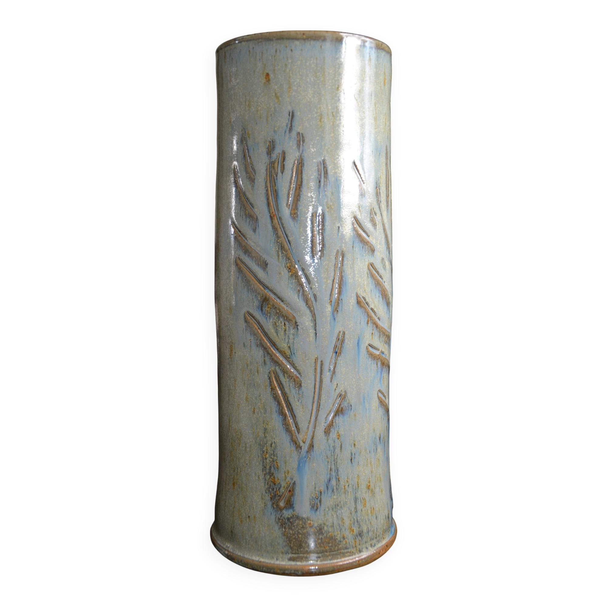 Signed chiseled and glazed stoneware roller/tube vase