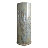 Vase rouleau/tube en grès ciselé et vernissé signé