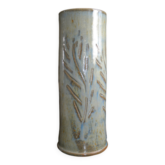 Vase rouleau/tube en grès ciselé et vernissé signé