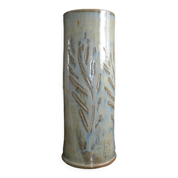Vase rouleau/tube en grès ciselé et vernissé signé