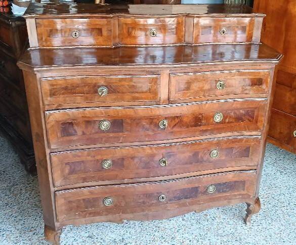 Antique veneered and inlaid commode, 18th century, Northern Italy.