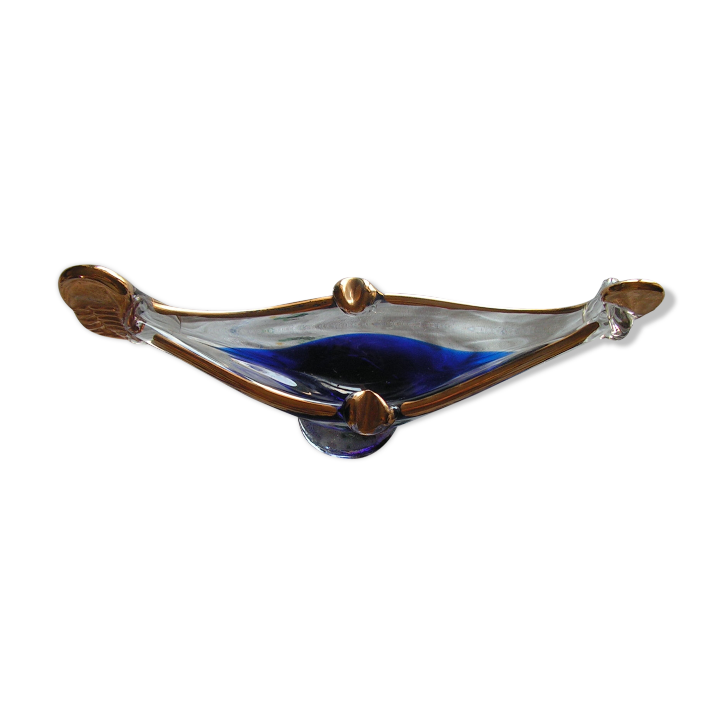 Blue glass and gold Murano canoe ashtray