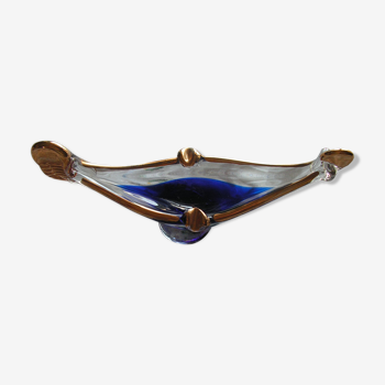 Blue glass and gold Murano canoe ashtray