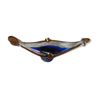 Blue glass and gold Murano canoe ashtray