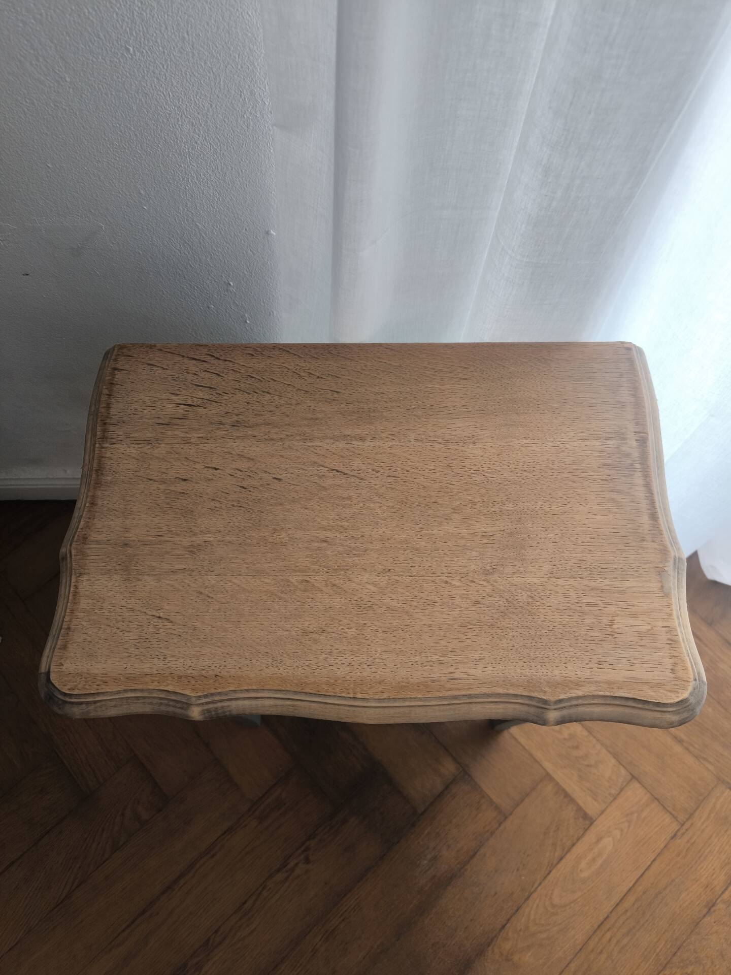 Louis XV bedside table revamped in solid oak and sage green/grey green.