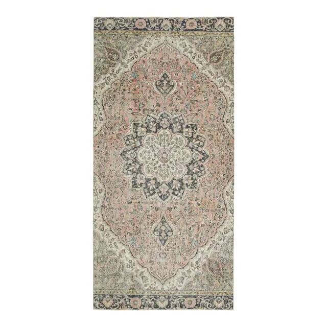 1970s Vintage Turkish Oushak Handmade Wool Cotton Pink Runner Rug 153x320