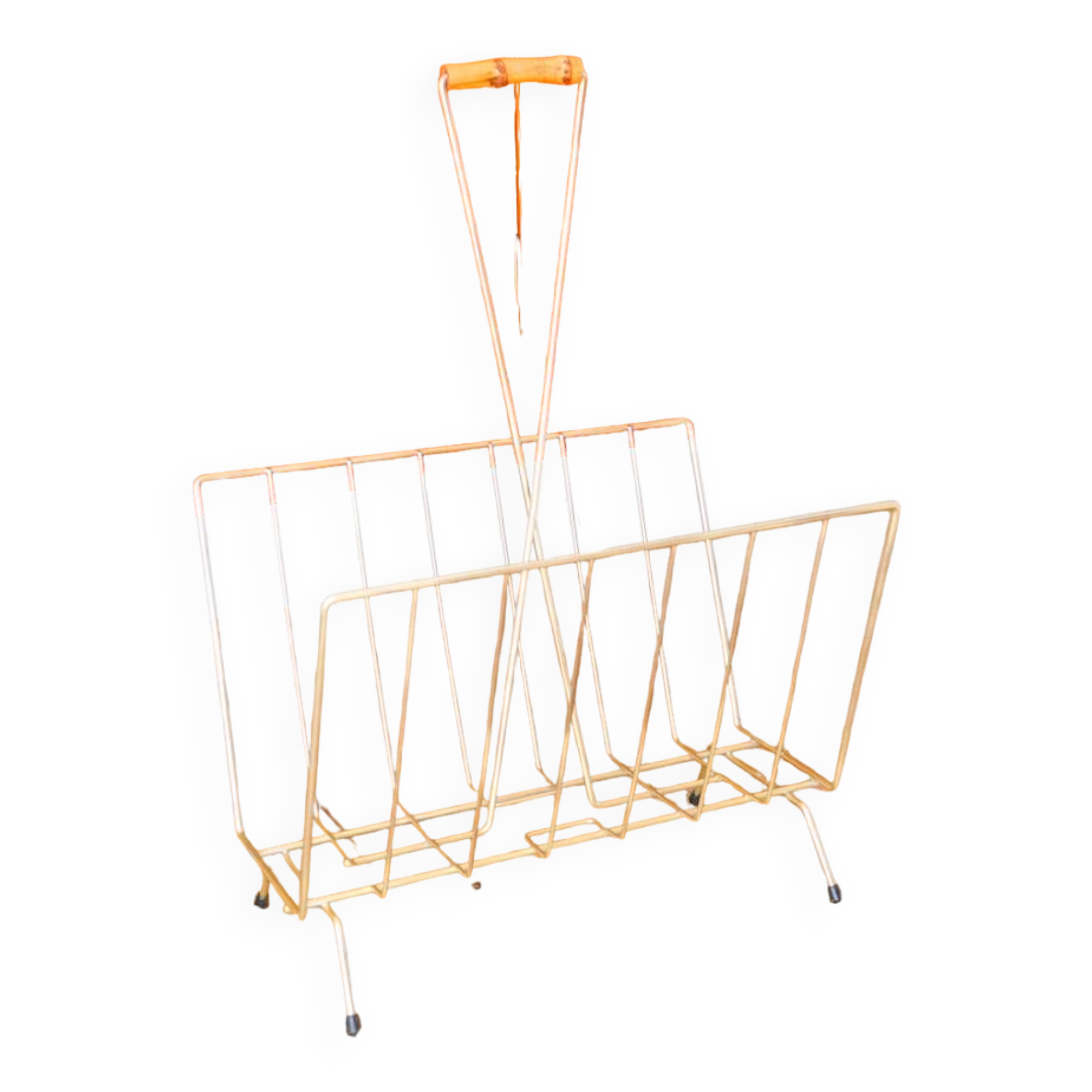 Magazine rack in gilded brass and bamboo handle, 1950