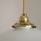 Vintage French White Opaline Glass Pendant Light Clear Glass Edge 5407