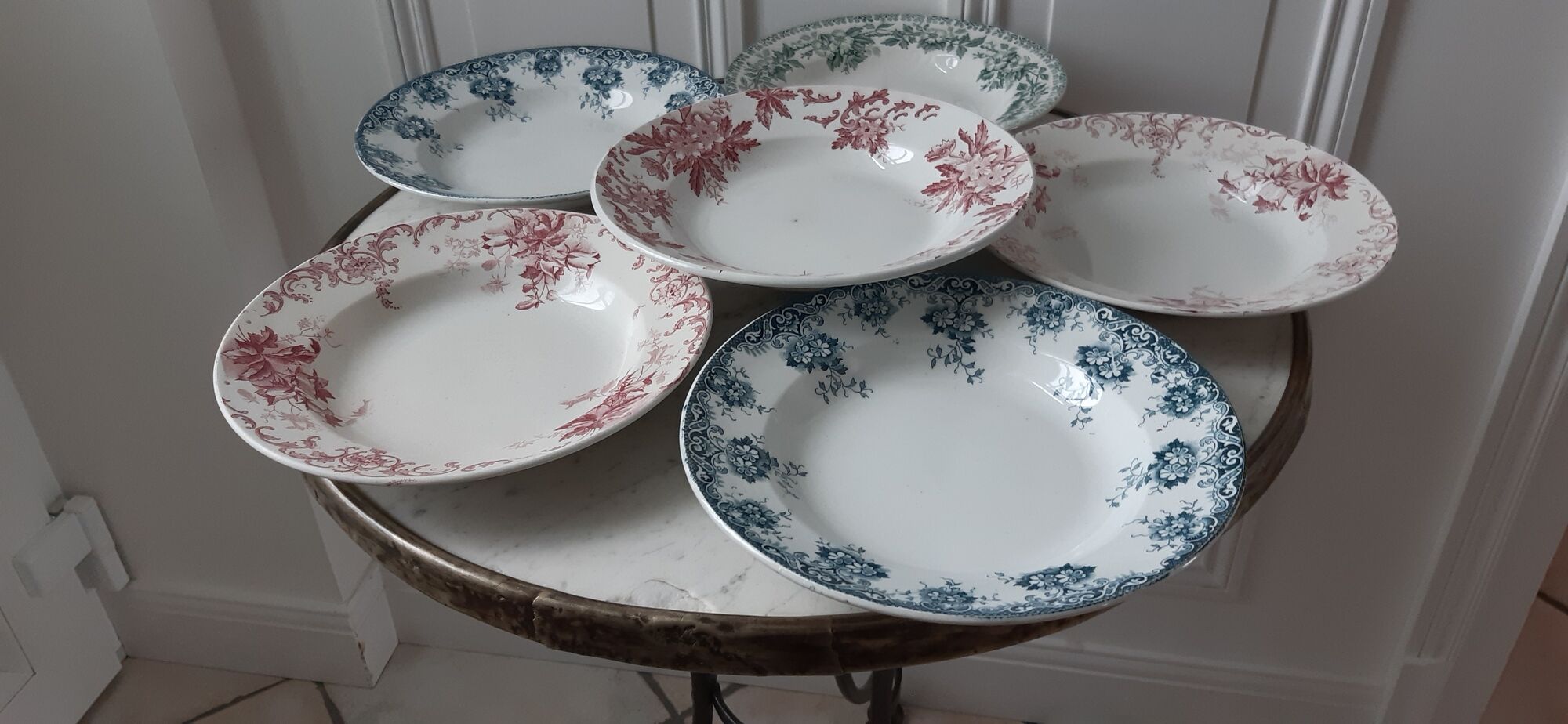 Set of 6 hollow plates Terre de Fer XIXth Saint Amand "Campanule" "Anémone"