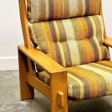 Vintage large elm wood lounge chair with original fabric, 1970s France