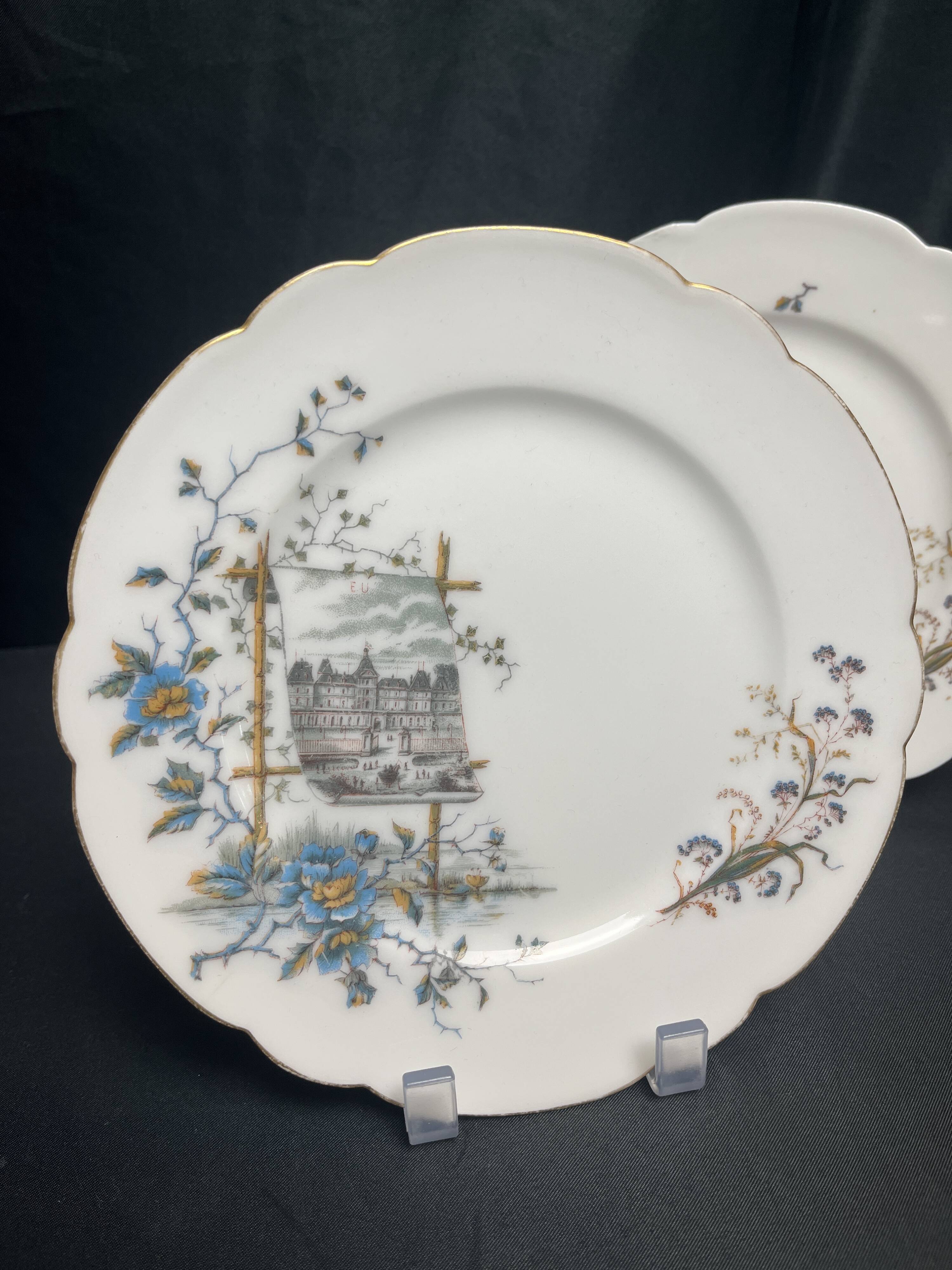 Pair of Hache Jullien plates, fine earthenware, castle decor, early 20th century