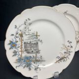 Pair of Hache Jullien plates, fine earthenware, castle decor, early 20th century
