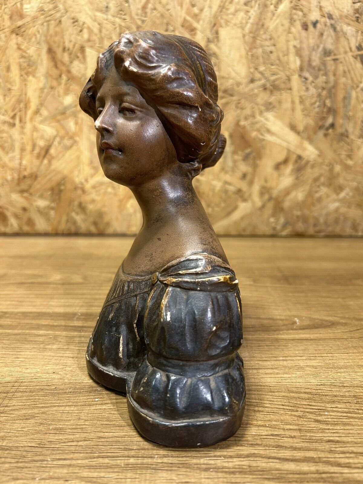 old plaster bust, young art deco woman, patina, signed Gustave Van Vaerenbergh