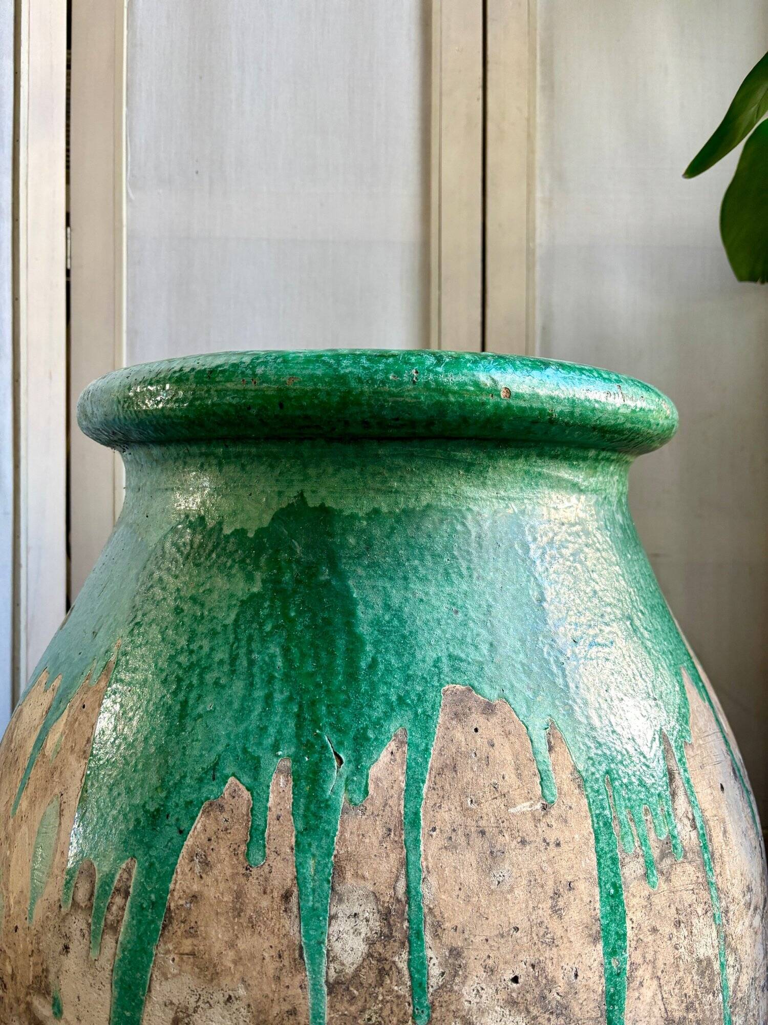 Biot jar, plant pot in beige and green glazed ceramic