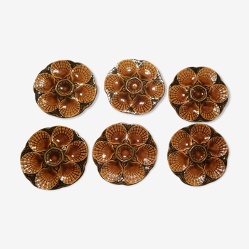 Série de 6 assiettes à huitres coquillages en faïence Sarreguemines