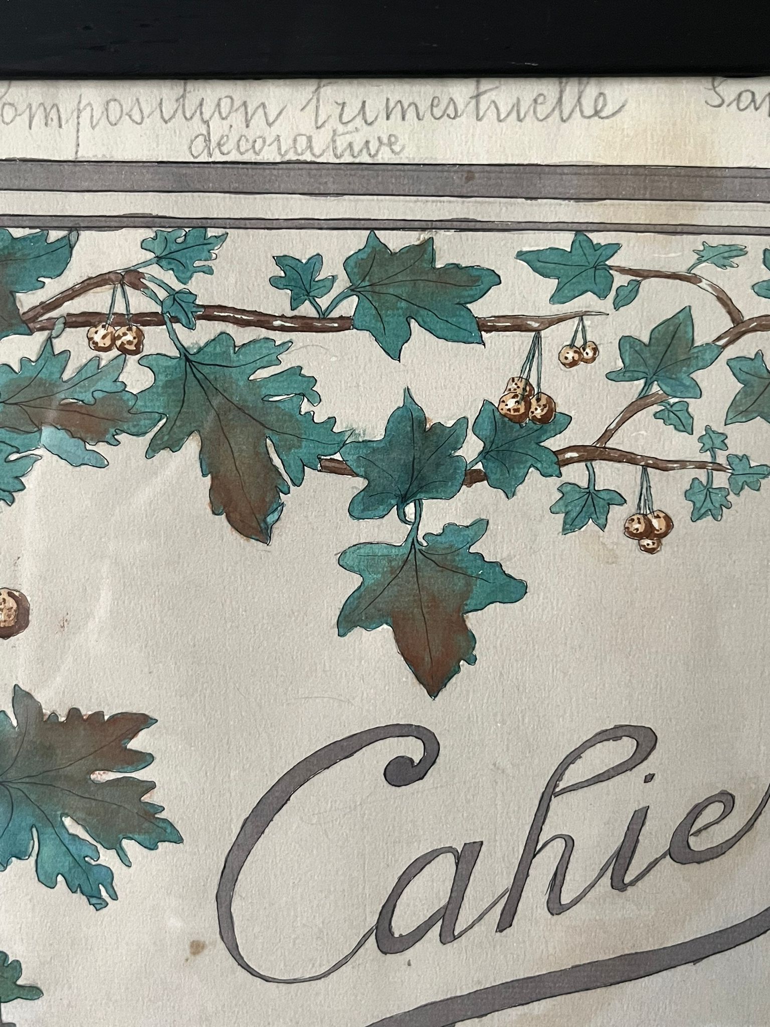 Watercolor decorated with leaves made by Renée Billette in 1912