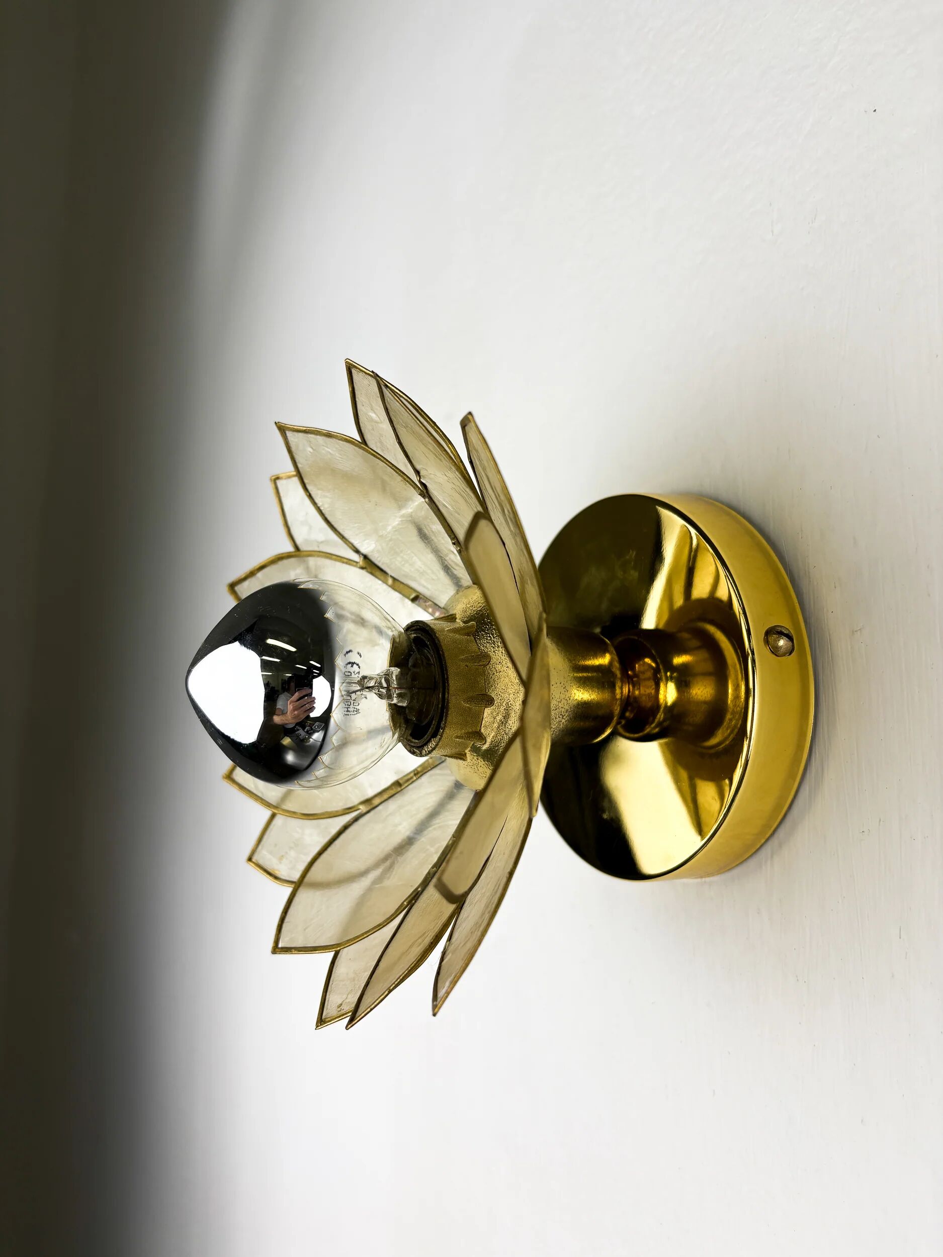 Pair of lotus flower wall sconces, mother-of-pearl petals & gilt brass, Italy, 1970s