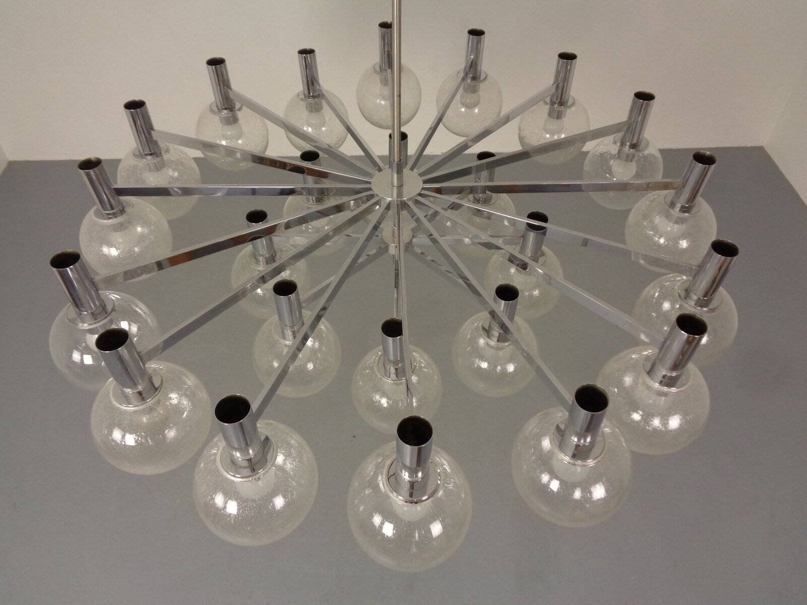 Large chromed spider Sputnik lamp with 24 hand-blown ice glass balls from Ott International, Germany, 1960s.