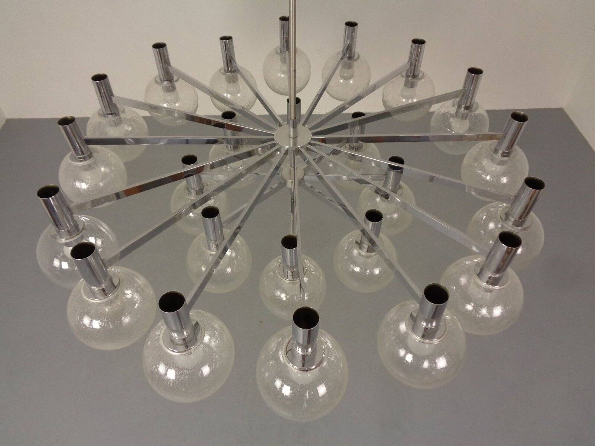 Large chromed spider Sputnik lamp with 24 hand-blown ice glass balls from Ott International, Germany, 1960s.